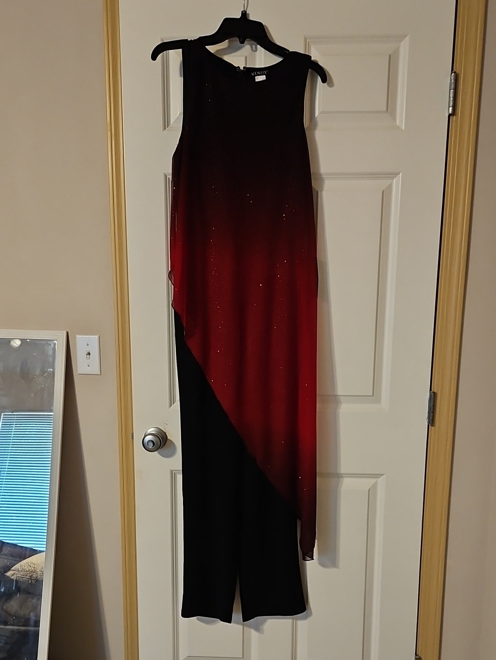 VENUS Black to Red Ombre Asymmetrical Evening Jumpsuit